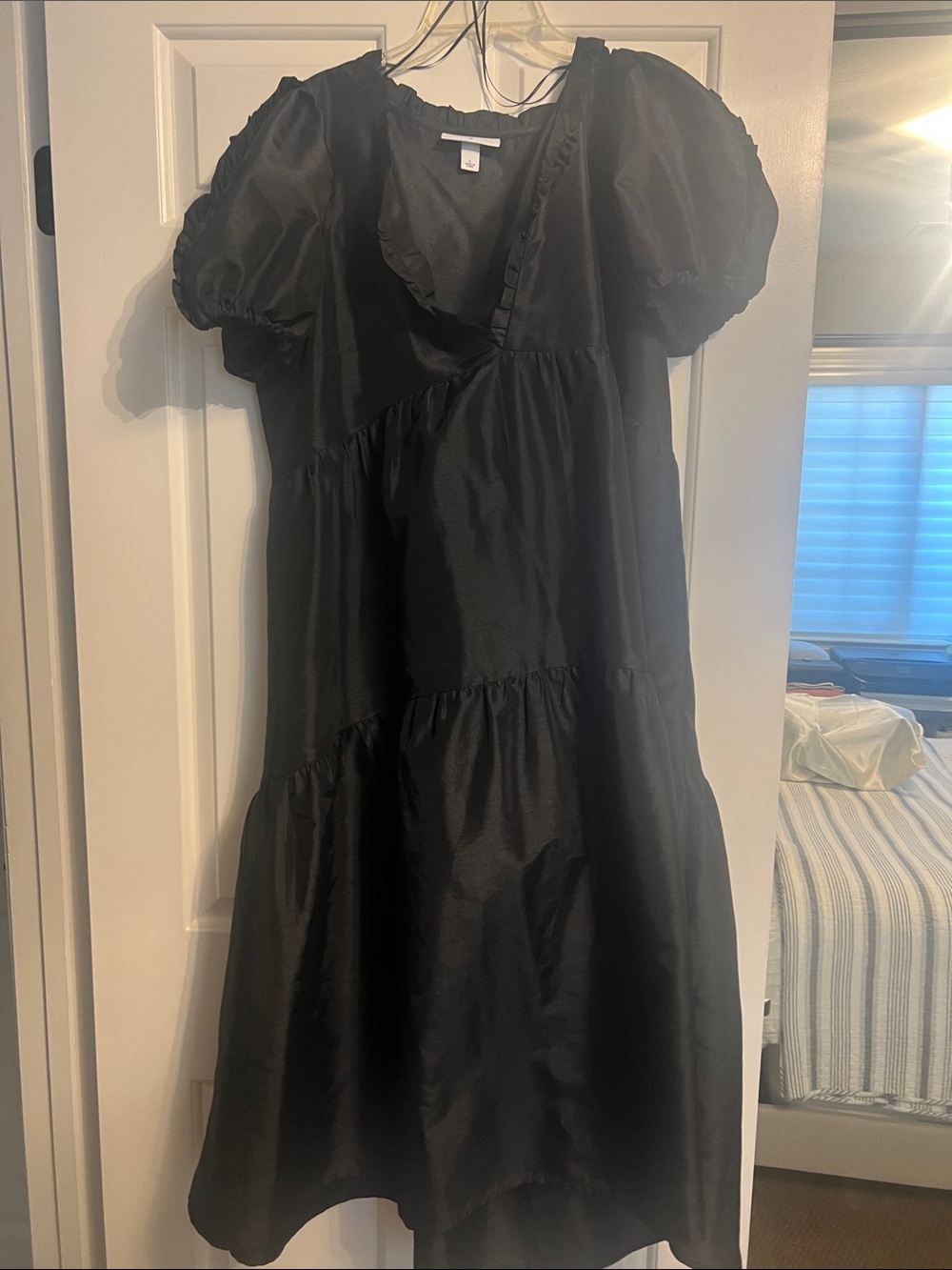 Kika Vargas Black Puff Sleeve Tiered Midi Dress